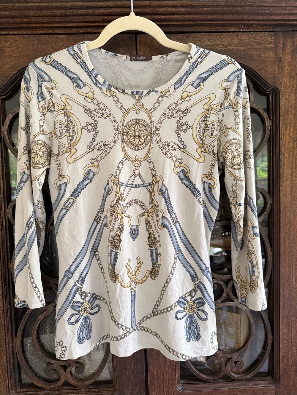 J. McLaughlin Cream Equestrian Print Long Sleeve Top